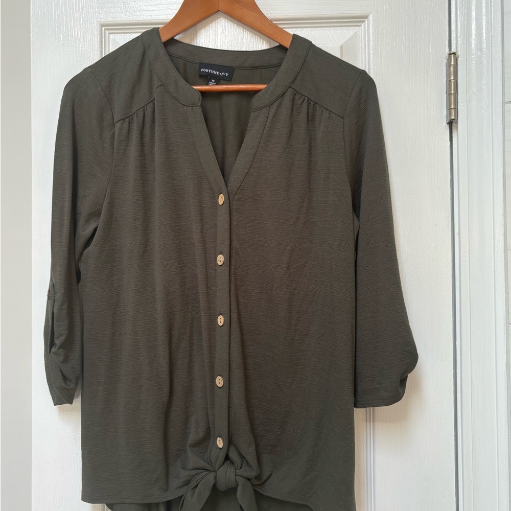 Green Button Down Shirt with 3/4 Sleeves